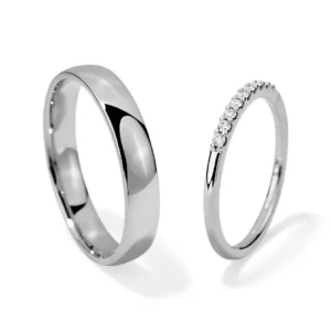 Anillos de matrimonio para parejas en oro blanco con diamantes estilo ESCALOPA