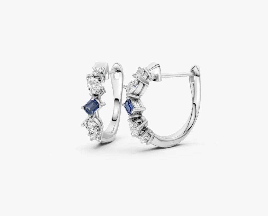 Aretes en oro blanco con diamantes y zafiro estilo HUGGIE 2