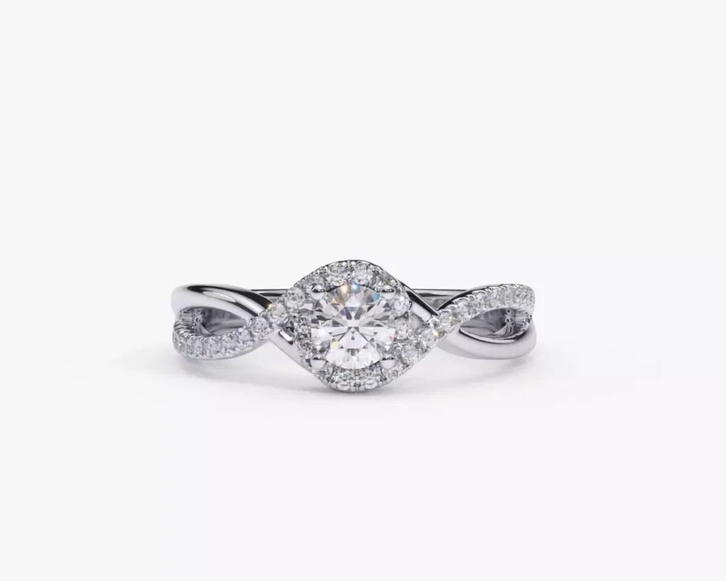 Primer plano del Anillo de compromiso en oro blanco con diamantes de laboratorio estilo TWIST
