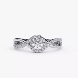 Primer plano del Anillo de compromiso en oro blanco con diamantes de laboratorio estilo TWIST