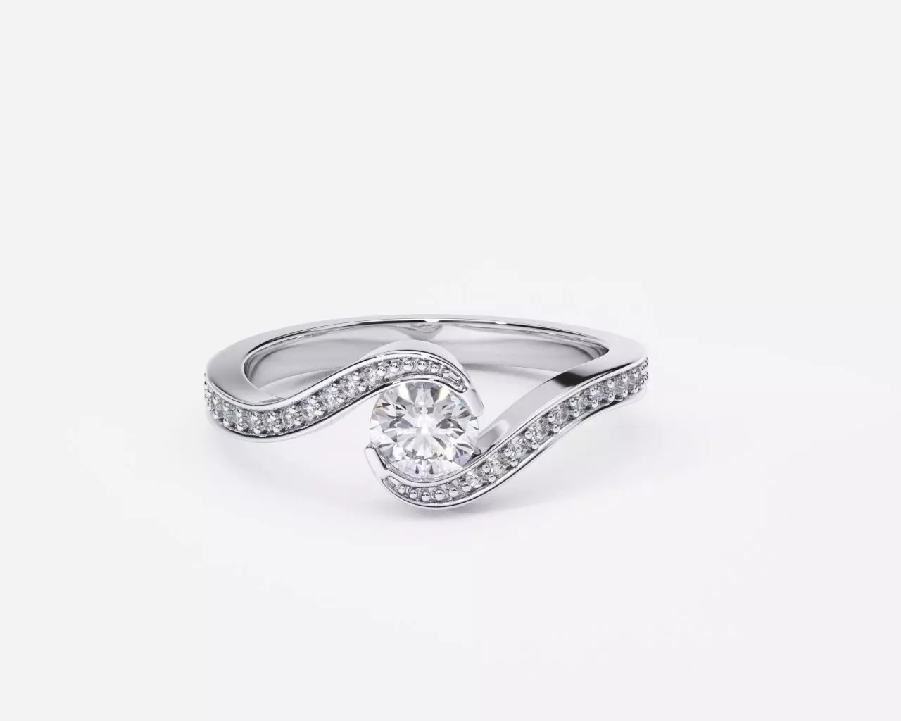 Primer plano del anillo de compromiso en oro blanco con diamantes estilo FORMA LIBRE 3
