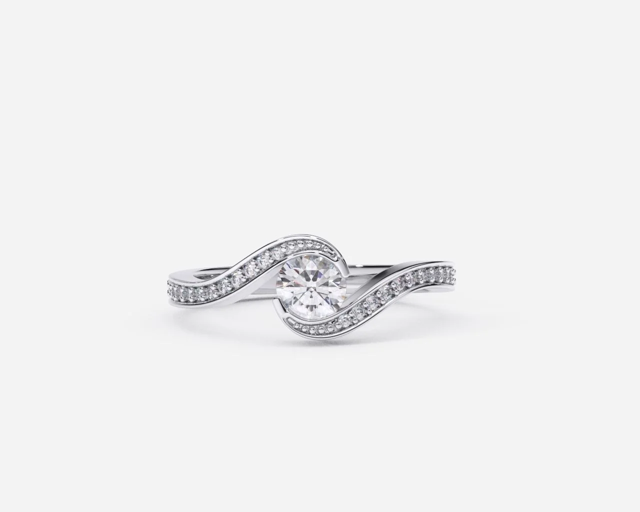 Segundo primer plano del Anillo de compromiso en oro blanco con diamantes de laboratorio estilo FORMA LIBRE 3